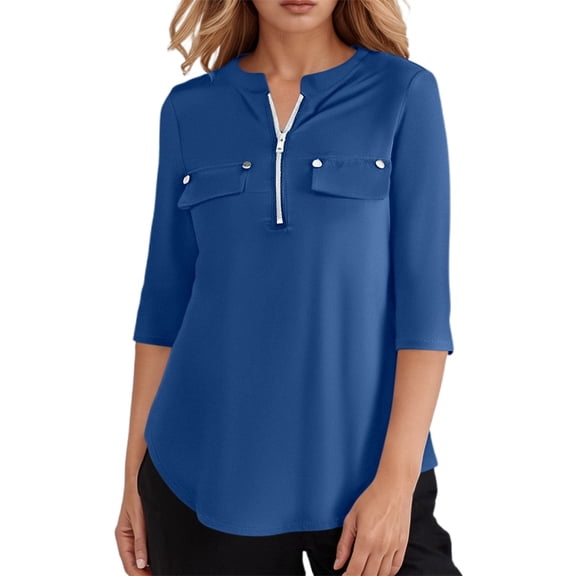 XIAONU Womens Stylish 3/4 Sleeve Zip Pocket T-Shirt Casual Wear Comfortable Functional Tunic Top