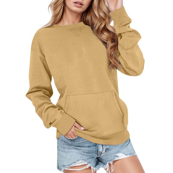 XIAONU Womens Sweatshirts Baggy Long-Sleeved Solid Color Hoodless Pullover Sweatshirt Peasure Kangaroo Pocket Round Neck Hoodless Sweatshirt