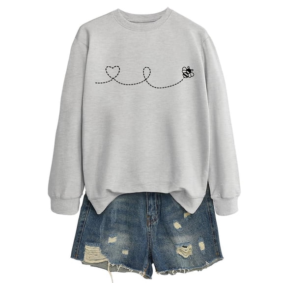 XIAONU Womens Sweatshirts Cute Bee Print -Lined Hoodless Sweatshirt Baggy O Neck Long Sleeve Pleasure Pullover Hoodless Sweatshirt