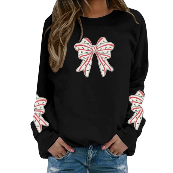 XIAONU Womens Sweatshirts Cute Bow Embroidered Pullover Sweatshirt Peasure Round Neck Long Sleeve Pullover Trendy Hoodless Sweatshirt