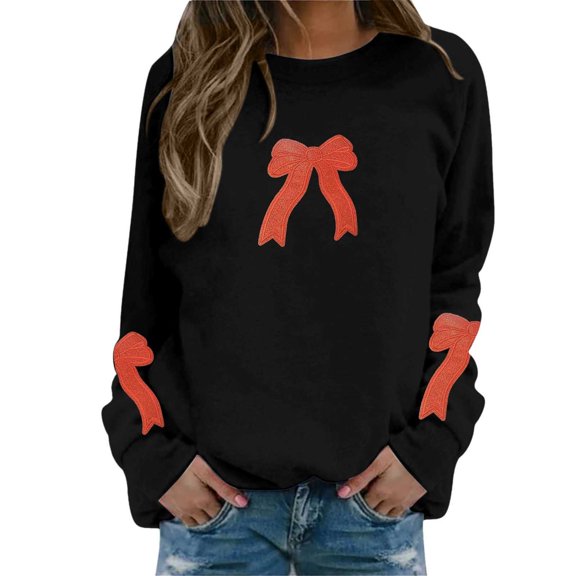 XIAONU Womens Sweatshirts Cute Bow Embroidered Pullover Sweatshirt Peasure Round Neck Long Sleeve Pullover Trendy Hoodless Sweatshirt