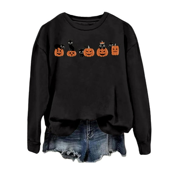 XIAONU Womens Sweatshirts Cute Cucurbita Moschata Printed Hoodless Sweatshirt Halloween Peasure Baggy Long Sleeve Pullover Hoodless Sweatshirt