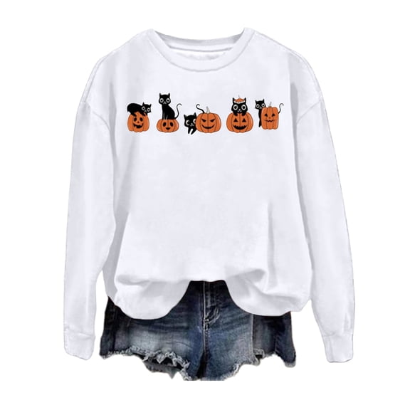XIAONU Womens Sweatshirts Cute Cucurbita Moschata Printed Hoodless Sweatshirt Halloween Peasure Baggy Long Sleeve Pullover Hoodless Sweatshirt