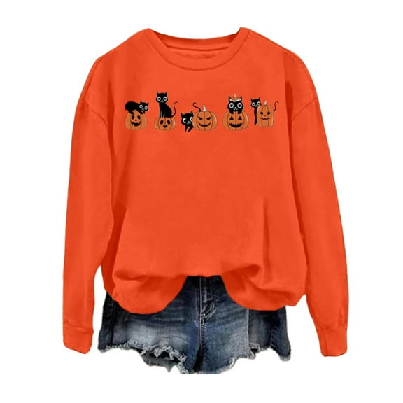 XIAONU Womens Sweatshirts Cute Cucurbita Moschata Printed Hoodless Sweatshirt Halloween Peasure Baggy Long Sleeve Pullover Hoodless Sweatshirt
