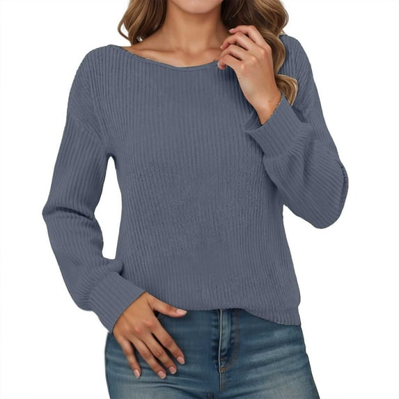 XIAONU Womens Sweatshirts Cute Ribbed Texture Long Sleeve Boat Neck Sport Top Relaxed Fit Solid Color Simple Sweatshirts Daliy Wear Gray S