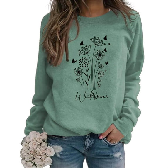 XIAONU Womens Sweatshirts Fun Floral Pattern Hoodless Sweatshirt Peasure Retro Long-Sleeve Pullover Hoodless Sweatshirt