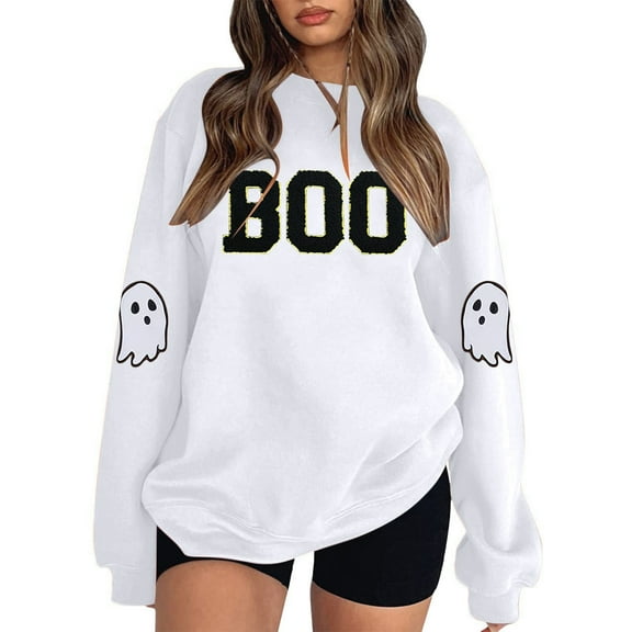 XIAONU Womens Sweatshirts Ghost Cute Printed Hoodless Sweatshirt Peasure Baggy Long-Sleeved Pullover Hoodless Sweatshirt
