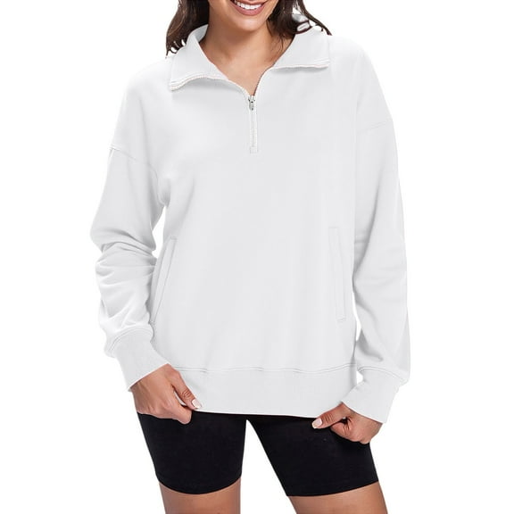 XIAONU Womens Sweatshirts Half-Zip High Neck Pullover Hoodless Sweatshirt Solid Color Patch Pocket Long Sleeve Peasure Solid Color Sweatshirt