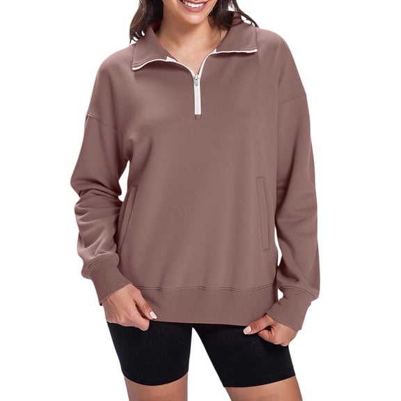 XIAONU Womens Sweatshirts Half-Zip High Neck Pullover Hoodless Sweatshirt Solid Color Patch Pocket Long Sleeve Peasure Solid Color Sweatshirt