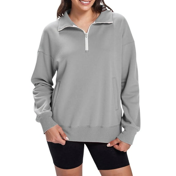 XIAONU Womens Sweatshirts Half-Zip High Neck Pullover Hoodless Sweatshirt Solid Color Patch Pocket Long Sleeve Peasure Solid Color Sweatshirt
