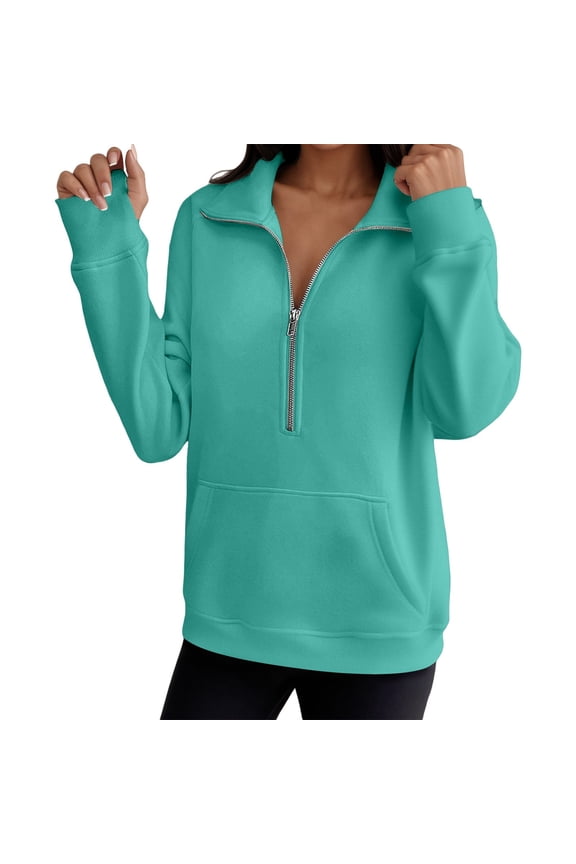 Womens Sweatshirts Half-Zip Polo Collar Pullover Hoodless Sweatshirt Solid Color Long Sleeve Kangaroo Pocket Pleasure Sportswear