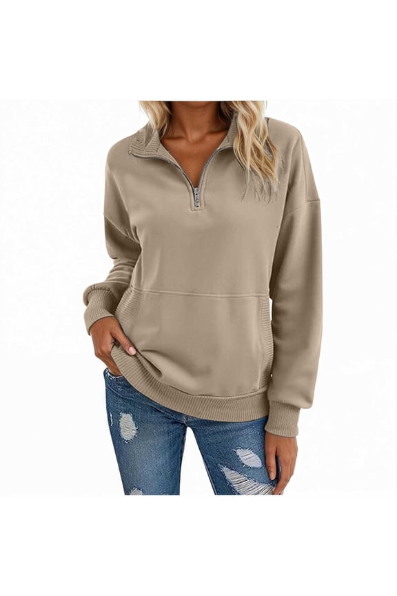 Womens Sweatshirts Half-Zip Polo Neck Pullover Hoodless Solid Color Long Sleeve With Pockets Peasure Sportswear