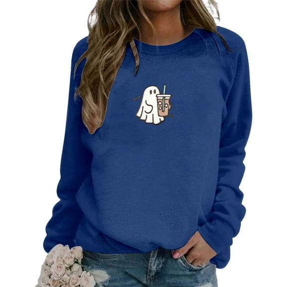 XIAONU Womens Sweatshirts Halloween Cute Ghost Print Hoodless Sweatshirt Baggy Long Sleeve Peasure Pullover Hoodless Sweatshirt