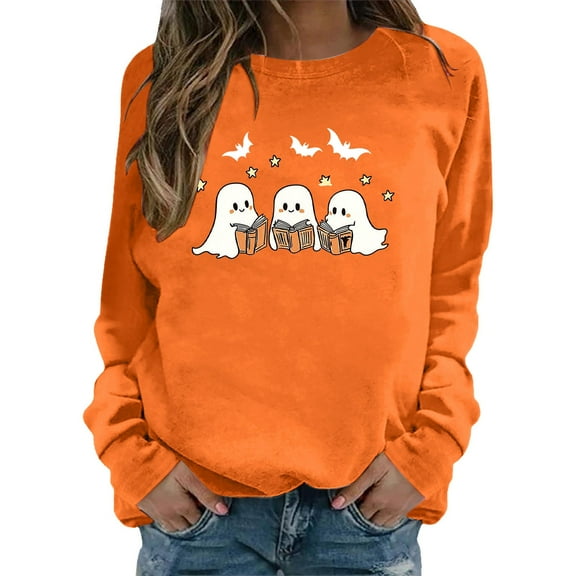 XIAONU Womens Sweatshirts Halloween Ghost Pattern Pullover Tops Lantern Long Sleeves Vintage Hoodless Sweatshirt