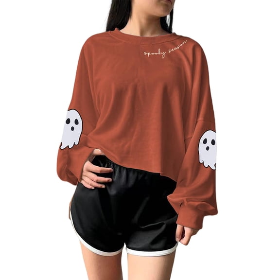 XIAONU Womens Sweatshirts Halloween Ghost Pattern Pullover Tops Lantern Long Sleeves Vintage Hoodless Sweatshirt