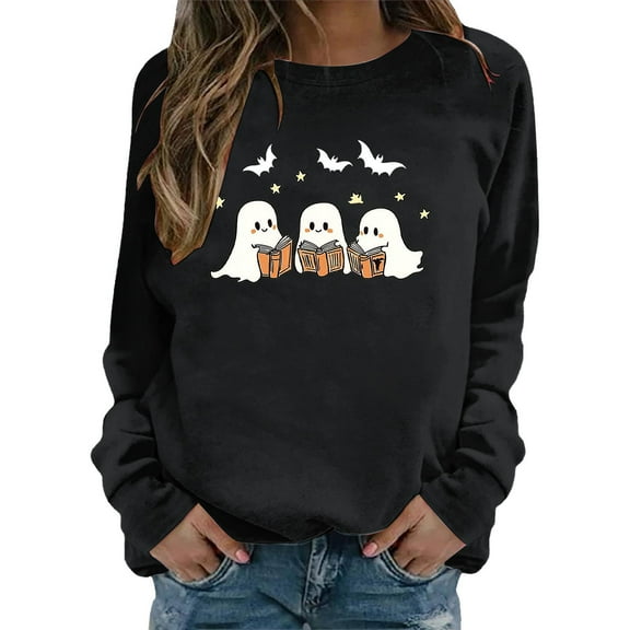 XIAONU Womens Sweatshirts Halloween Ghost Pattern Pullover Tops Lantern Long Sleeves Vintage Hoodless Sweatshirt
