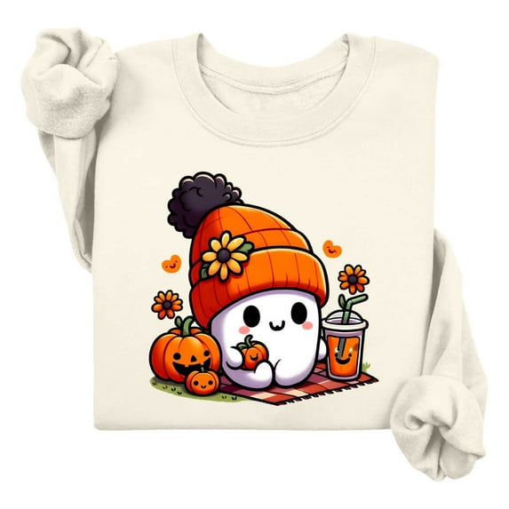 XIAONU Womens Sweatshirts Halloween Ghost Print Hoodless Sweatshirt Long Sleeve Round Neck Peasure Pullover Hoodless Sweatshirt