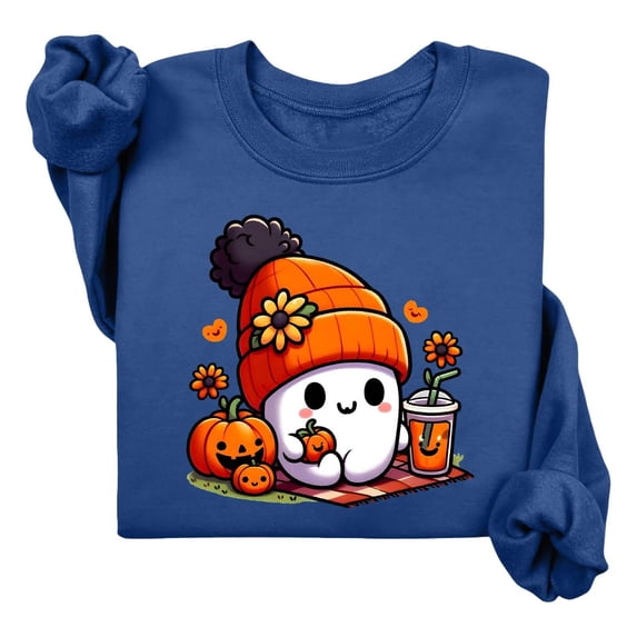 XIAONU Womens Sweatshirts Halloween Ghost Print Hoodless Sweatshirt Long Sleeve Round Neck Peasure Pullover Hoodless Sweatshirt
