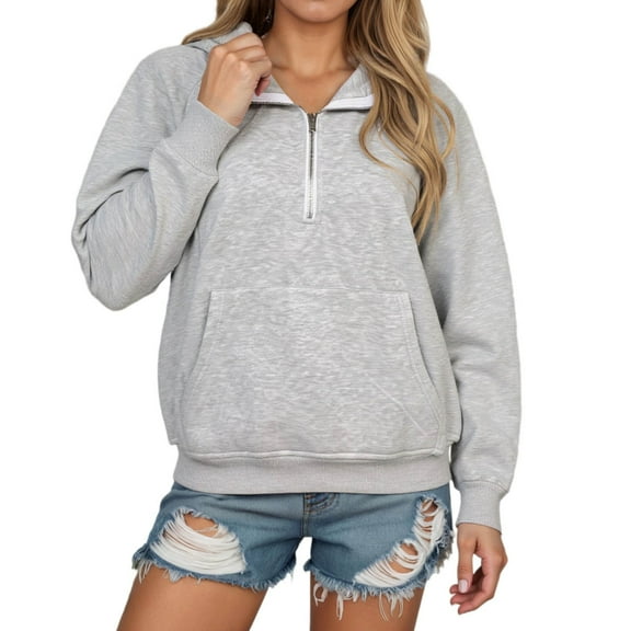 XIAONU Womens Sweatshirts Long Sleeves Simple Half Zip Pullover Sweatshirt Kangaroo Pocket Solid Color Oversized Sweater Daily Wear Gray L