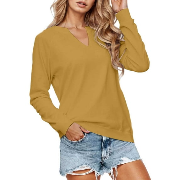 XIAONU Womens Sweatshirts Loose Fit Long Sleeve V Neck Pullover Tops Relaxed Fit Solid Color Oversized Simple Sweatshirts Daily Wear