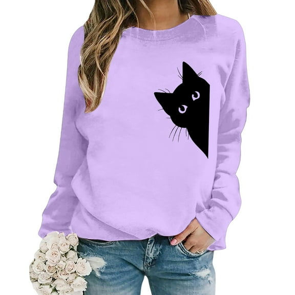 XIAONU Womens Sweatshirts Pleasure Cat Print Trendy Hoodless Sweatshirt Baggy Long Sleeve Vintage Round Neck Pullover Sweatshirt