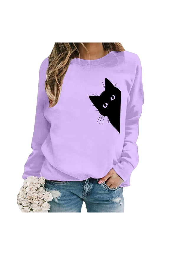 Womens Sweatshirts Pleasure Cat Print Trendy Hoodless Sweatshirt Baggy Long Sleeve Vintage Round Neck Pullover Sweatshirt