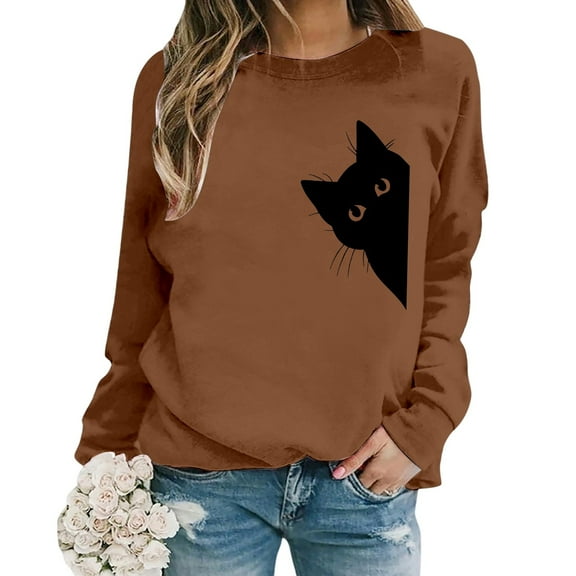 XIAONU Womens Sweatshirts Pleasure Cat Print Trendy Hoodless Sweatshirt Baggy Long Sleeve Vintage Round Neck Pullover Sweatshirt