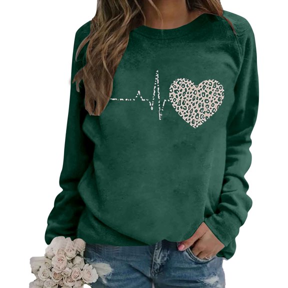 XIAONU Womens Sweatshirts Retro Heart-Print Round-Neck Pullover Sweatshirt Baggy Peasure Trendy Long Sleeve Hoodless Sweatshirt