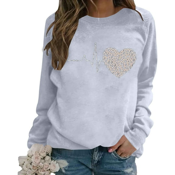 XIAONU Womens Sweatshirts Retro Heart-Print Round-Neck Pullover Sweatshirt Baggy Peasure Trendy Long Sleeve Hoodless Sweatshirt