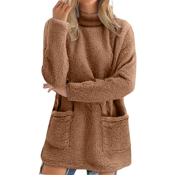 XIAONU Womens Sweatshirts Semi-High Neck -Lined Warm Hoodless Sweatshirt Solid Color Long Sleeve Kangaroo Pocket Baggy Pullover Tops