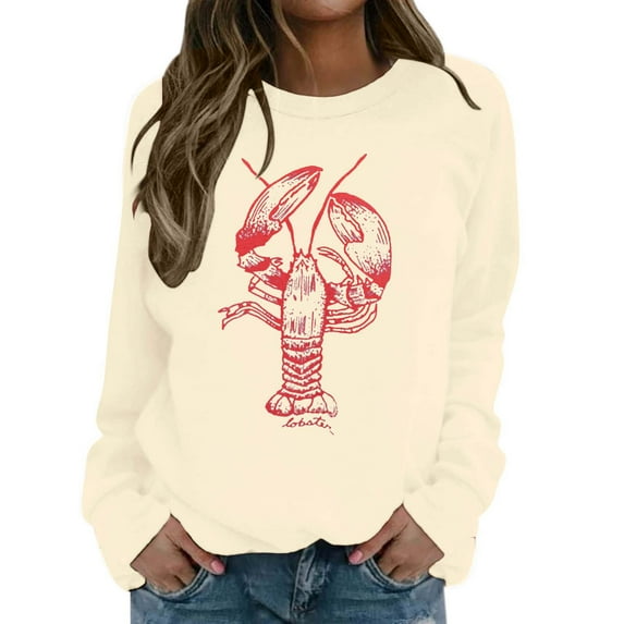 XIAONU Womens Sweatshirts Trendy Crayfish Print Hoodless Sweatshirt Round Neck Long Sleeve Baggy Sportswear Pullover Sweatshirt