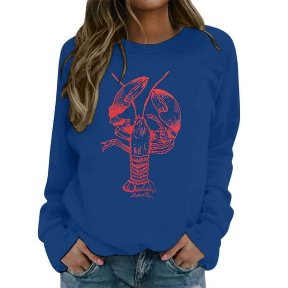 XIAONU Womens Sweatshirts Trendy Crayfish Print Hoodless Sweatshirt Round Neck Long Sleeve Baggy Sportswear Pullover Sweatshirt