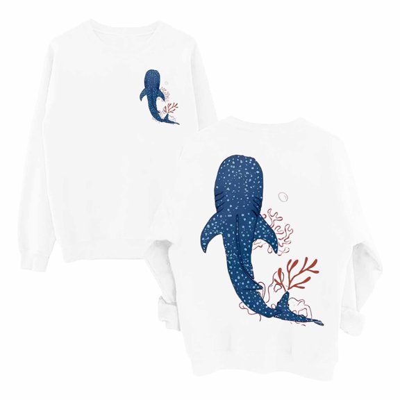 XIAONU Womens Sweatshirts Whale Print Trendy Hoodless Sweatshirt Oversized Baggy Long-Sleeve Pleasure Pullover Tops