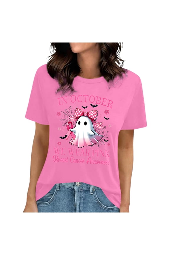 Womens T Shirts Cancer Pink Ghost Graphic Crew Neck Tee Short Sleeve Comfortable Loose Oversize T-Shirt Halloween
