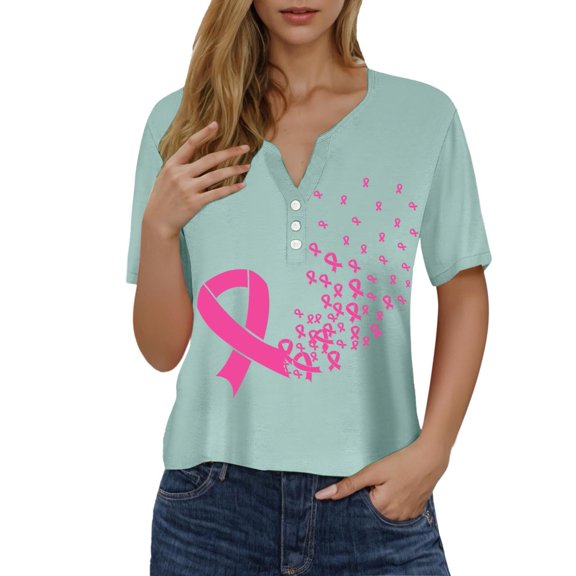 XIAONU Womens T Shirts Cancer Printed V Neck Pullover Tops Casual Short Sleeve Loose Comfortable T Shirt