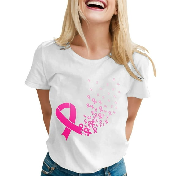 XIAONU Womens T Shirts Crew Neck Breast Cancer Printed Pullover Tops Casual Short Sleeve Trendy Loose Comfortable T Shirt