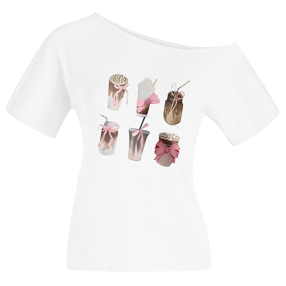 XIAONU Womens T Shirts Cute Coffee Drinks Printed Trendy Off Shoulder Tees Loose Short Sleeve Daily Casual Pullover T Shirt
