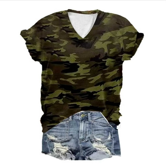 XIAONU Womens T Shirts Retro Camouflage Print Casual Pullover T-Shirt Loose V Neck Comfortable Sports Tee Soft Breathable