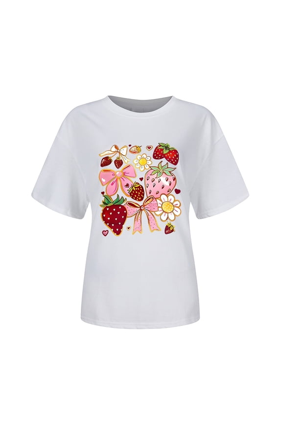 Womens T Shirts Short Sleeve Strawberry Floral Bow Printed Sweet Tees Loose Fit Summer Casual Oversized Crewneck T Shirt