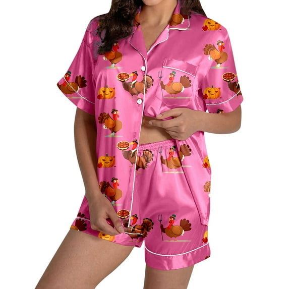 XIAONU Womens Thanksgiving Pajama Set Short-Sleeve Top & Shorts Sleepwear Comfy Casual Home Wear Set