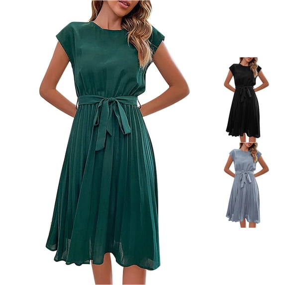 XIAONU Womens Tie Waist Pleated Midi Dress Cap Sleeve Round Neck Casual Everyday Outfit