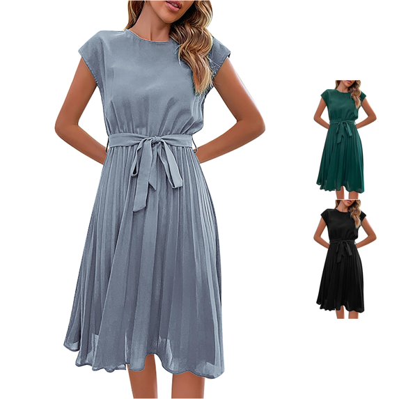 XIAONU Womens Tie Waist Pleated Midi Dress Cap Sleeve Round Neck Casual Everyday Outfit