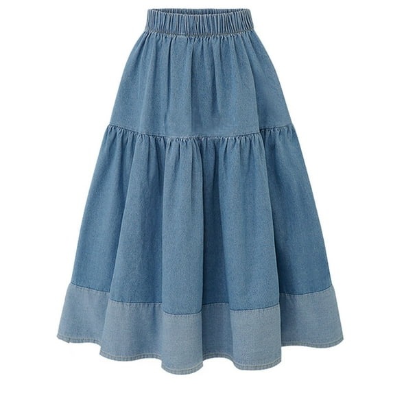 XIAONU Womens Tiered Midi Skirt Denim Elastic Waist Patchwork Skirt Casual Boho Vacation Long Skirt