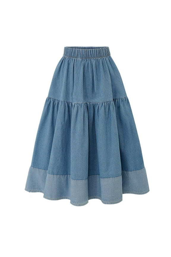 Womens Tiered Midi Skirt Denim Elastic Waist Patchwork Skirt Casual Boho Vacation Long Skirt