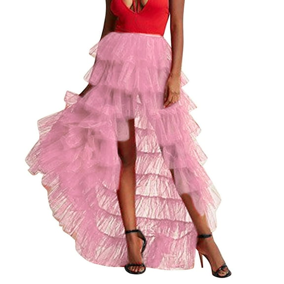 XIAONU Womens Tiered Tulle Maxi Skirt Layered Mesh Asymmetric Skirt Edgy Goth-Parties Skirt