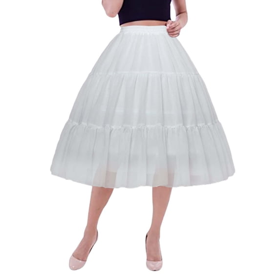 XIAONU Womens Tiered Tulle Midi Skirt Elastic Waist Flowy Party Underskirt Petticoat