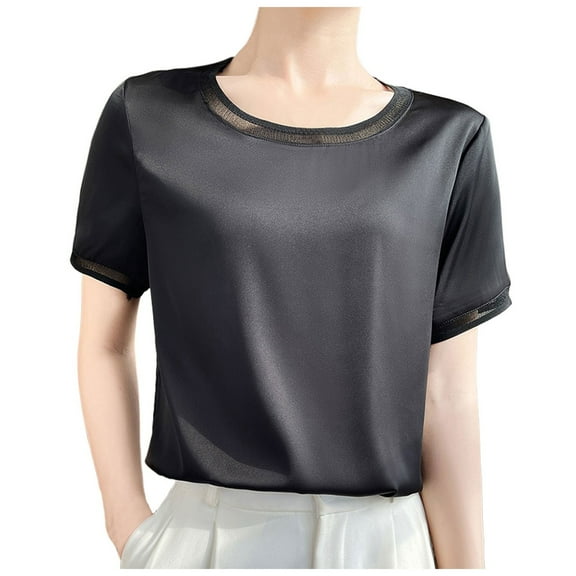 XIAONU Womens Tops Silk Satin Short Sleeve T Shirt Ladies Temperament V Neck Shirts