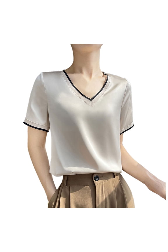 Womens Tops Silk Satin Short Sleeve T Shirt Ladies Temperament V Neck Shirts