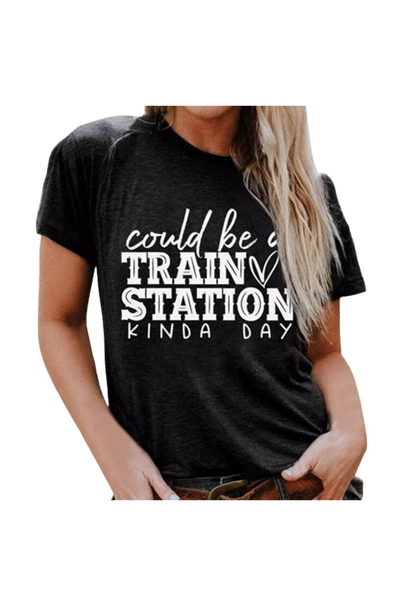 Womens Train Station Graphic T Shirt Relaxed Fit Crew Neck Short Sleeve Letter Print Top Western Casual Daily Wear Tee