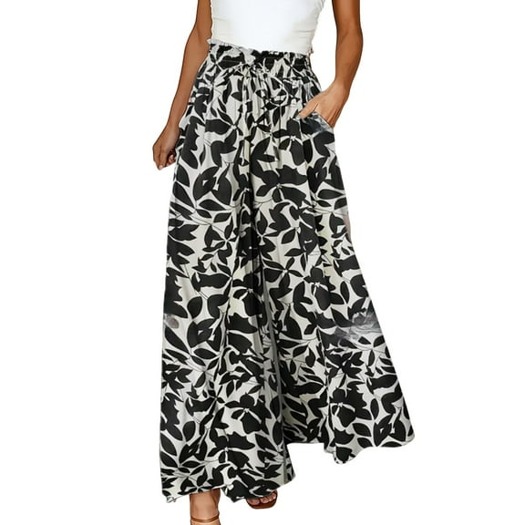 XIAONU Womens Trousers Retro Print Oversized High-Waisted Slim-Fit Wide-Leg Pants pleasure Trousers Solid Color Commuting vogue
